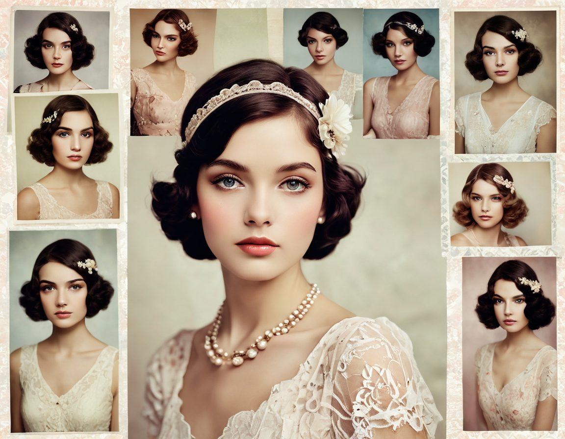 An artistic collage showcasing stunning vintage photographs of youthful beauty, featuring diverse models in classic 1920s to 1980s fashion. The background is a soft, dreamy pastel hue, with delicate overlays of lace and floral motifs to enhance the nostalgic feel. Include lenses and camera gear subtly in the corners to signify photography. The overall vibe should evoke warmth, charm, and nostalgia. vintage style. soft focus. pastel colors. elegant textures.