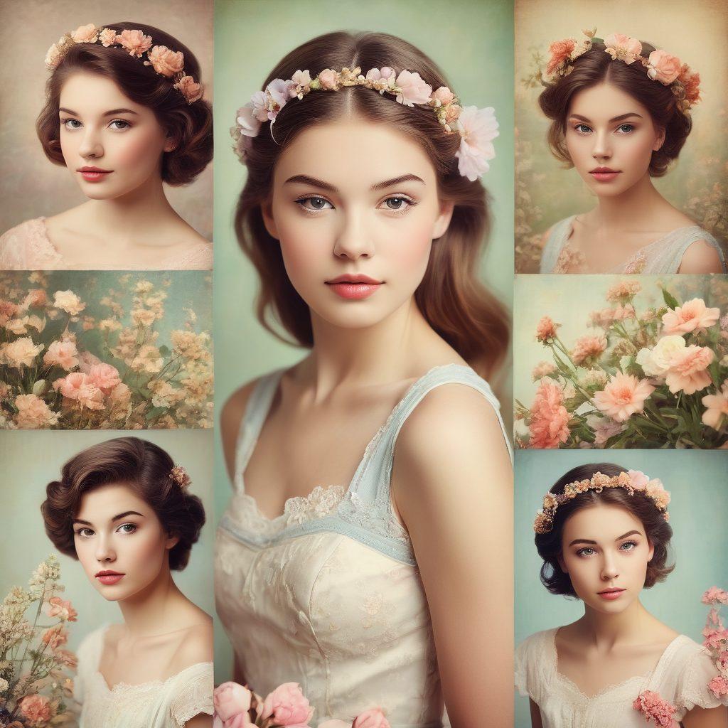 A nostalgic collage showcasing elegant teen models from vintage photo collections, surrounded by delicate flowers and soft pastel colors. Incorporate peeling photo edges and a subtle grain texture for an authentic retro vibe. Include subtle highlights of timeless beauty, with lighting that enhances the warmth of the images. The background should evoke a sense of nostalgia and discovery. vintage style. warm tones. soft focus.