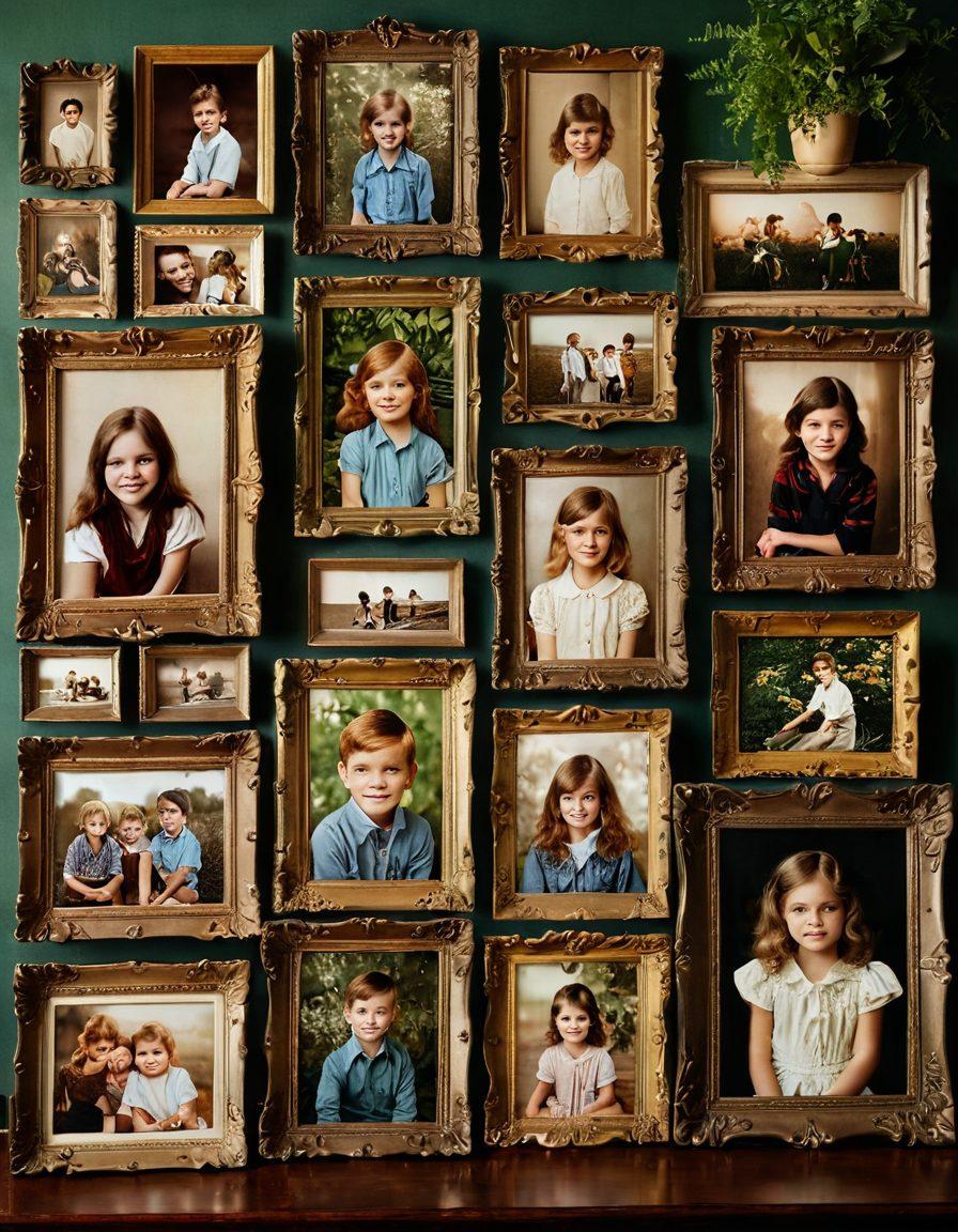 A captivating collage of vintage photographs showcasing joyful youth moments, blended with rich emotional expressions. Include elements like old-fashioned frames, soft lighting, and nostalgic color palettes to enhance the ambiance. Incorporate a gallery setting with ornate walls and lush greenery, evoking a sense of warmth and nostalgia. super-realistic. vibrant colors. nostalgic atmosphere.
